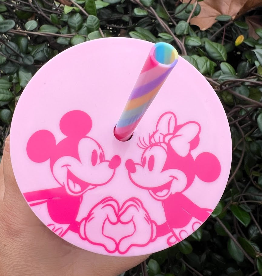Pink Glitter Mickey & Minnie Valentine's Day Starbucks Plastic Tumbler with Straw