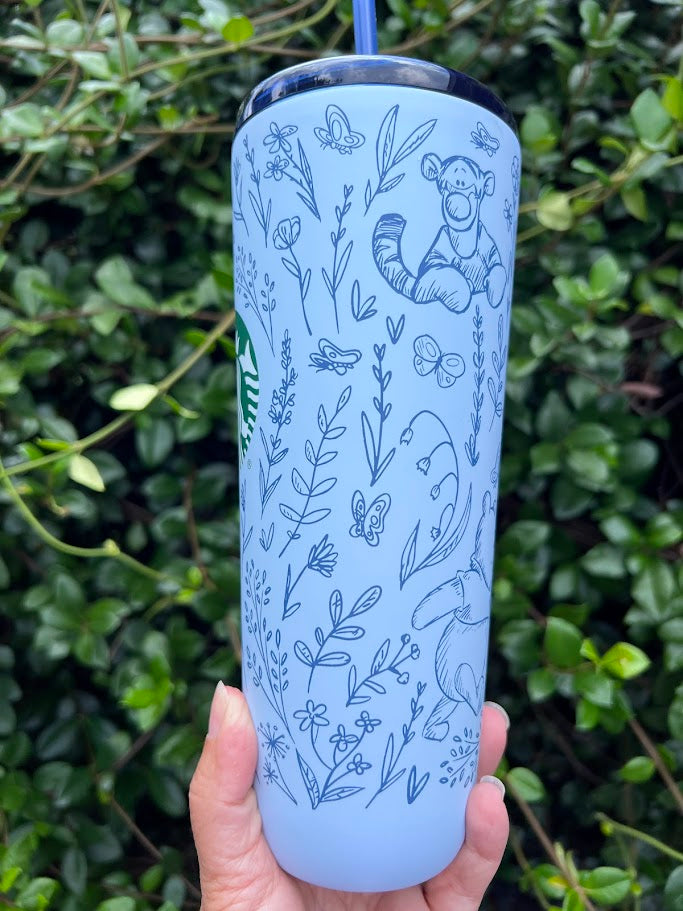 Blue Winnie the Pooh & Friends Metal Starbucks Tumbler 24 oz.