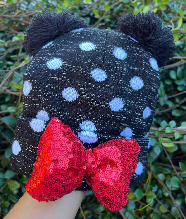 Black & White Polka Dot Minnie Mouse Bow Beanie