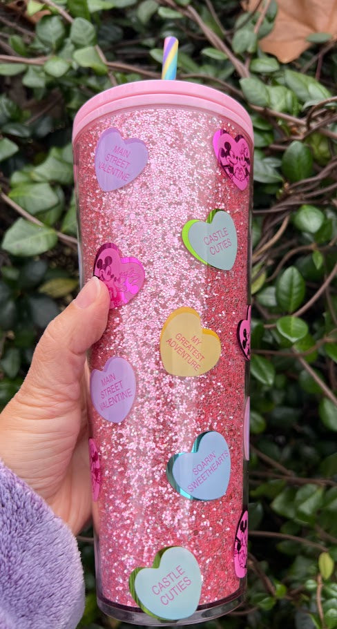 Pink Glitter Mickey & Minnie Valentine's Day Starbucks Plastic Tumbler with Straw