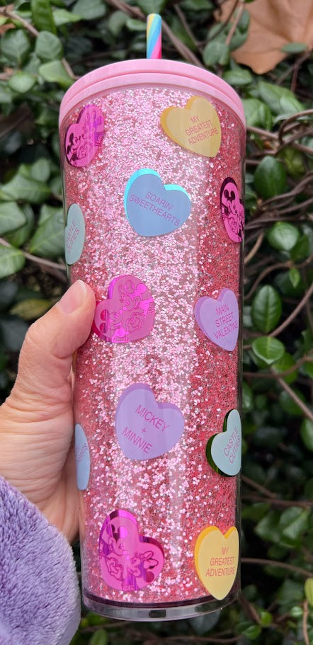 Pink Glitter Mickey & Minnie Valentine's Day Starbucks Plastic Tumbler with Straw
