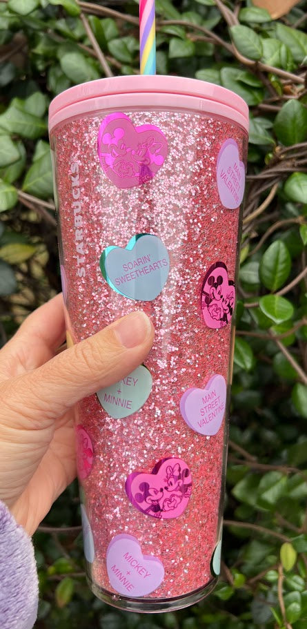 Pink Glitter Mickey & Minnie Valentine's Day Starbucks Plastic Tumbler with Straw