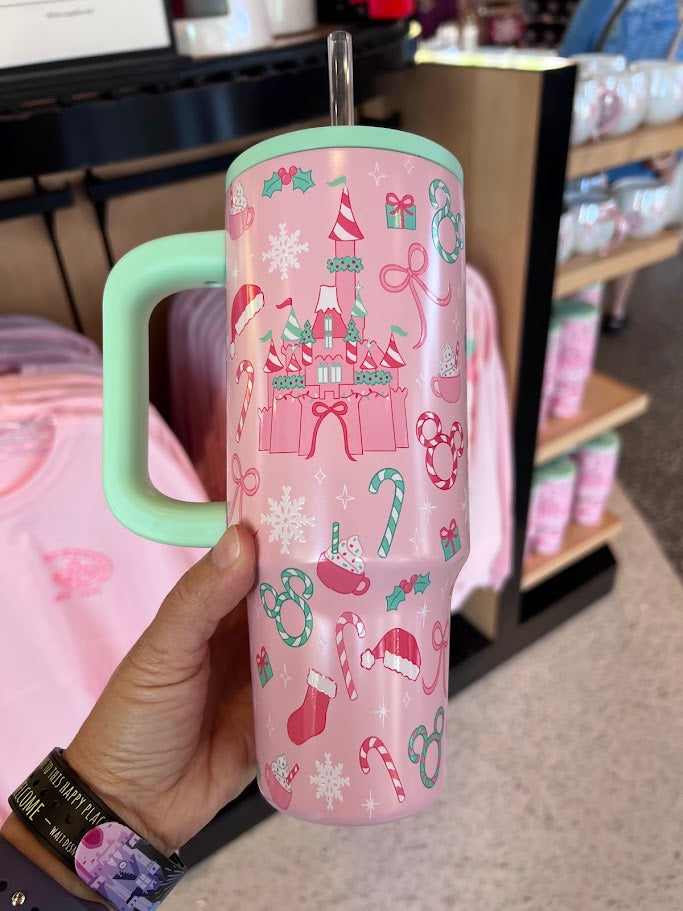 Pink Cinderella Castle Christmas Metal Tumbler 33 oz.