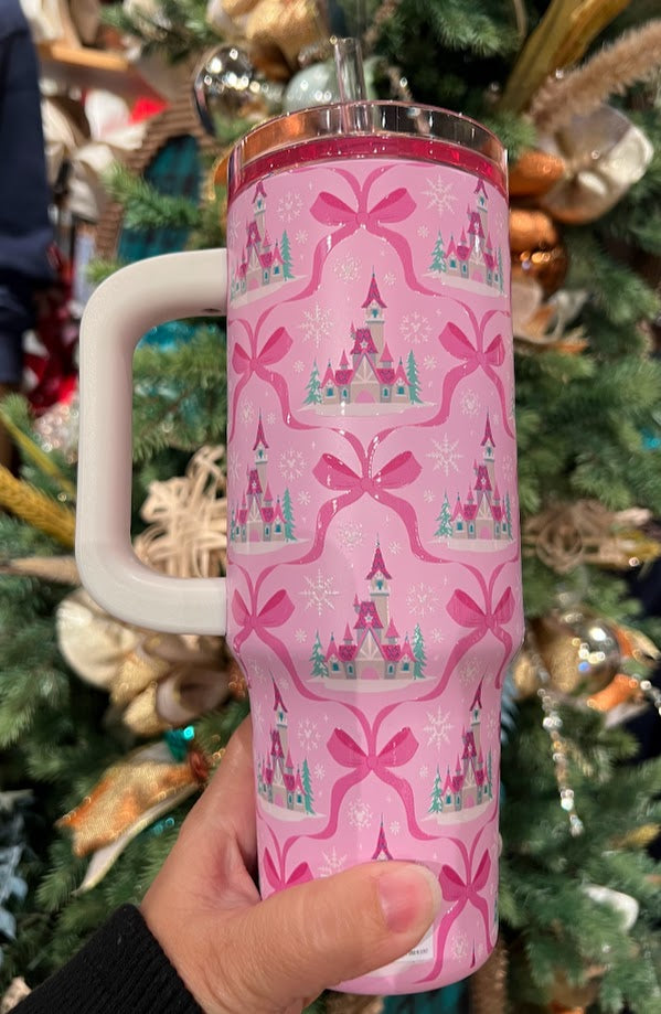 Pink Winter Castle & Ribbons Disney Metal Tumbler 30oz.