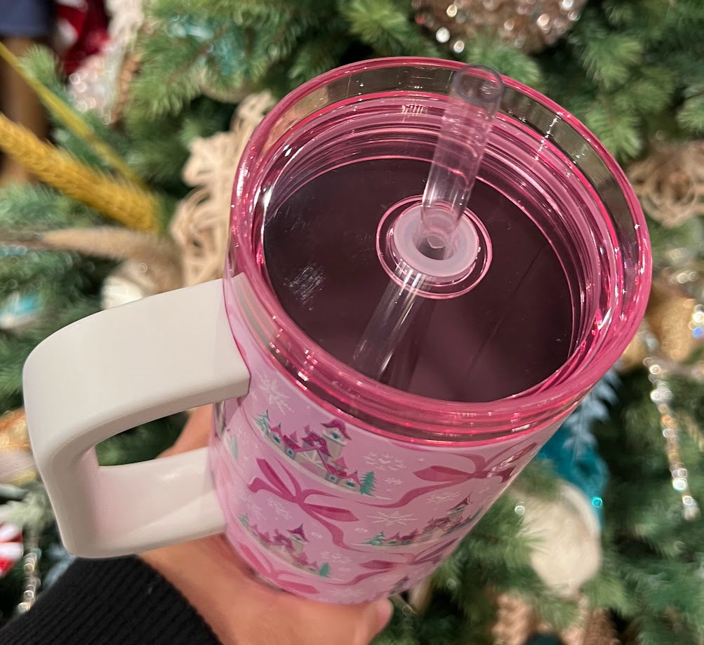 Pink Winter Castle & Ribbons Disney Metal Tumbler 30oz.