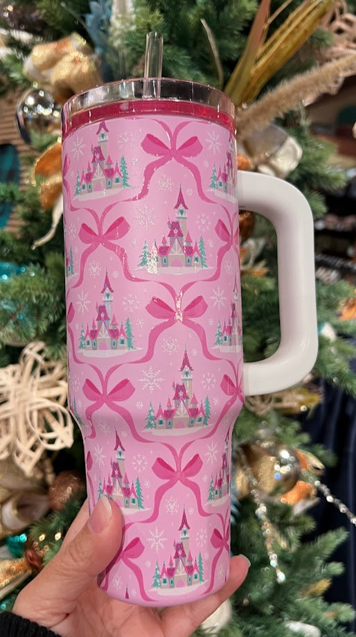 Pink Winter Castle & Ribbons Disney Metal Tumbler 30oz.